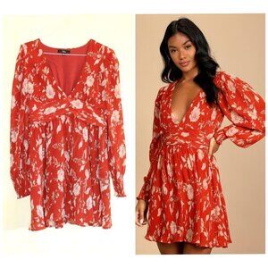 Lulus Autumn Dreams Rust Orange Floral print Mini dress Size XL long sleeves